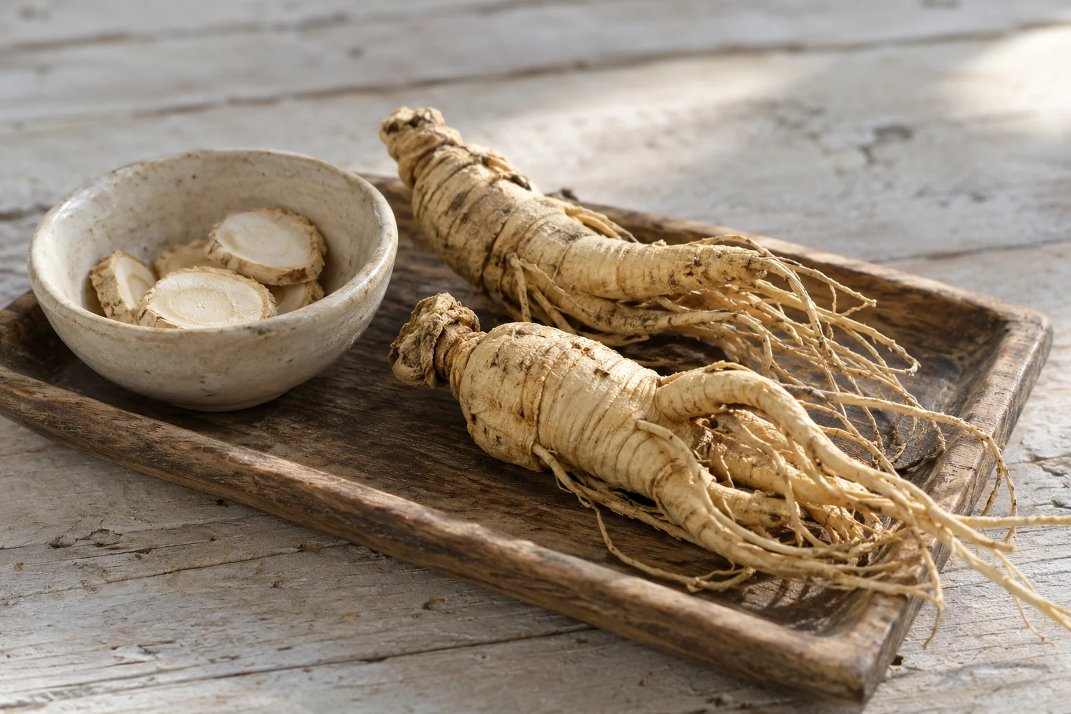 Pale American ginseng roots and slices on a weathered wooden tray