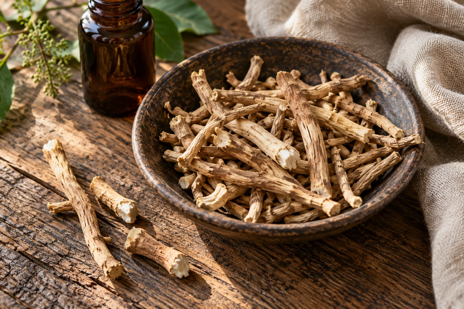 Ashwagandha roots in a wooden bowl beside an amber botanical bottle