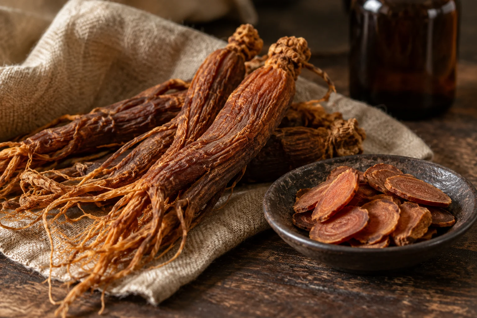 Red Asian ginseng roots and root slices on linen and dark wood