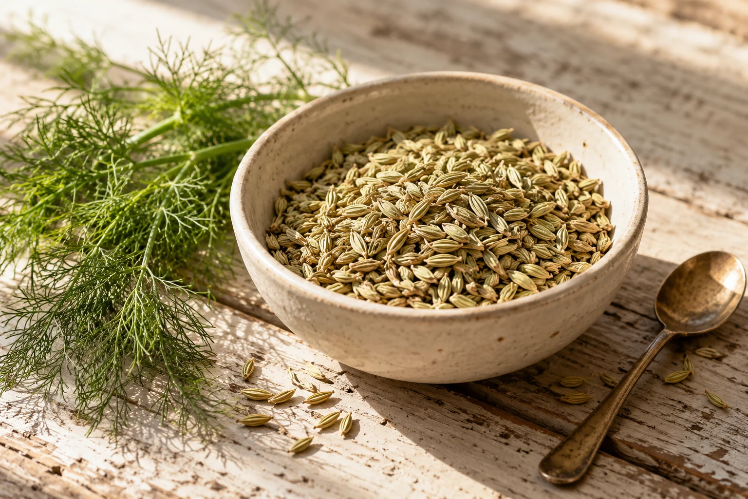 Fennel seeds and botanical ingredients in rustic pottery on a wooden table