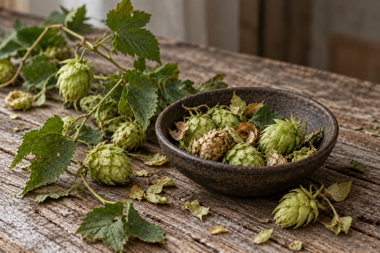 Loose dried hop cones in a handmade bowl on a rustic table