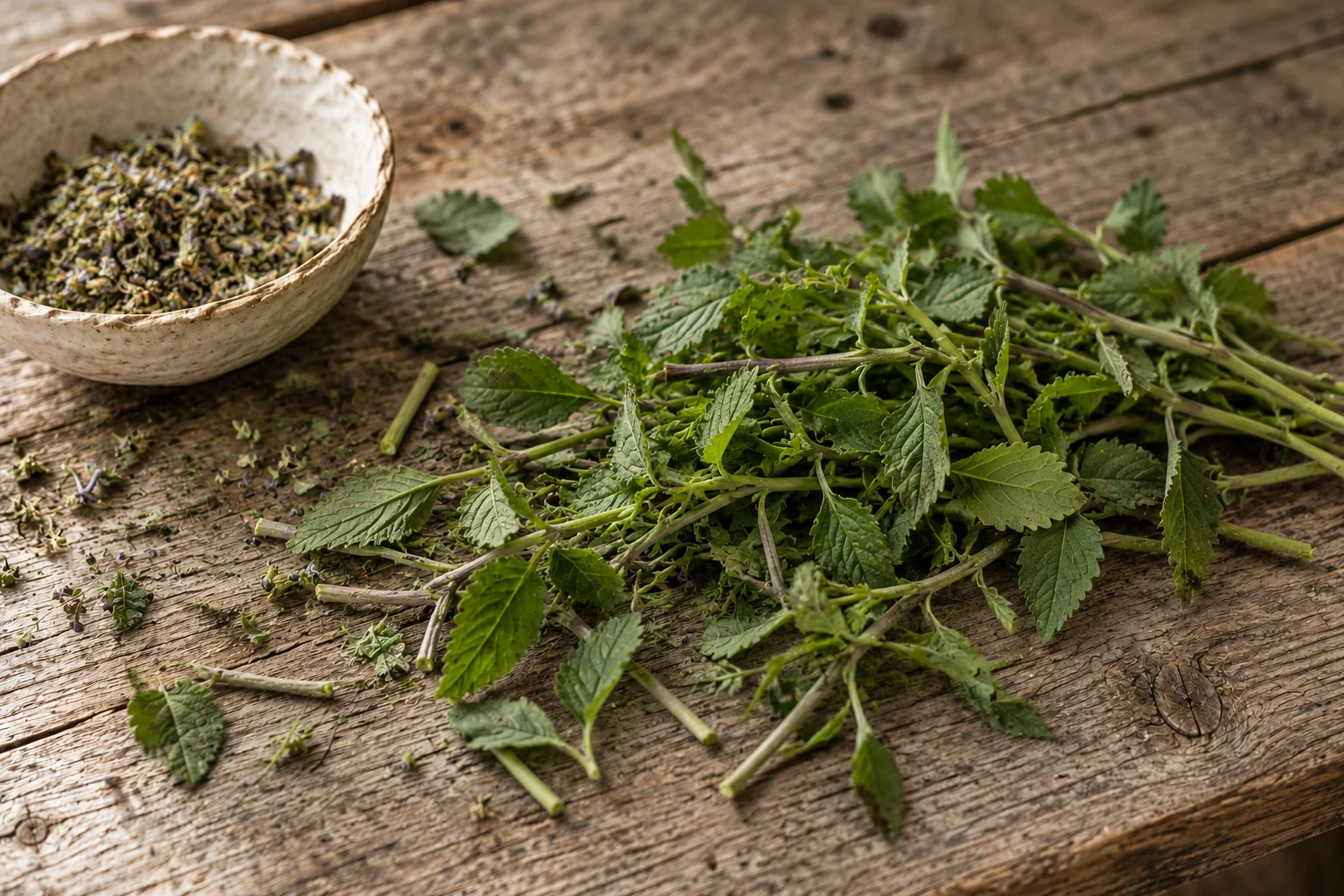 Loose American skullcap leaves and cut stems beside a bowl of dried herb on weathered wood