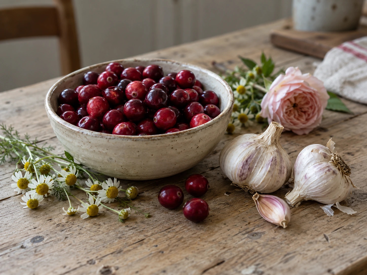 Fresh cranberries in a handmade ceramic bowl, with garlic bulbs, chamomile flowers, and a blush rose on a wooden table