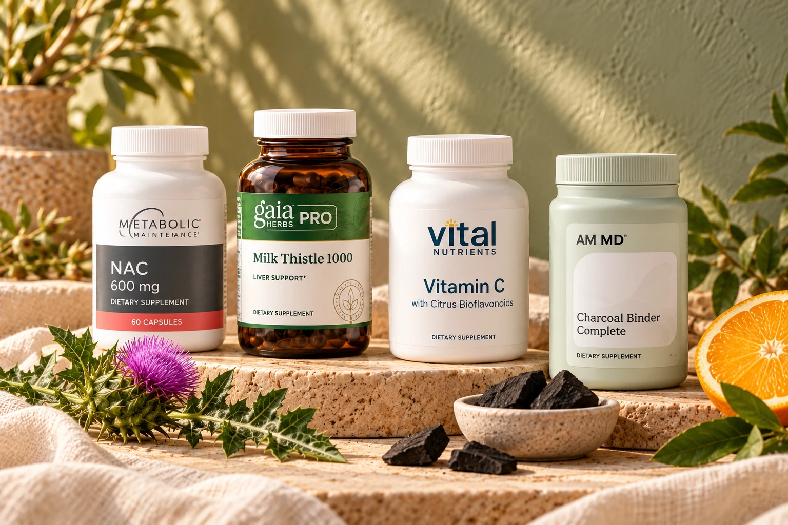 Selected products from the six-product Detox Edit, arranged with citrus and milk thistle flowers