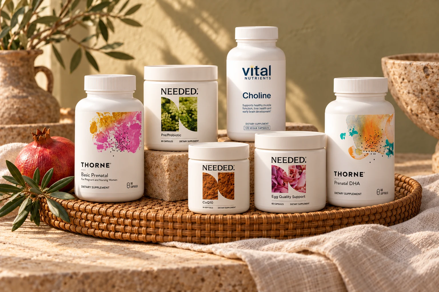 Prenatal nutrients, CoQ10, egg support, choline, and prenatal probiotics on a woven tray