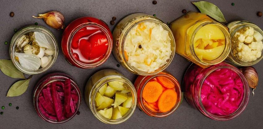 Colorful jars of fermented vegetables