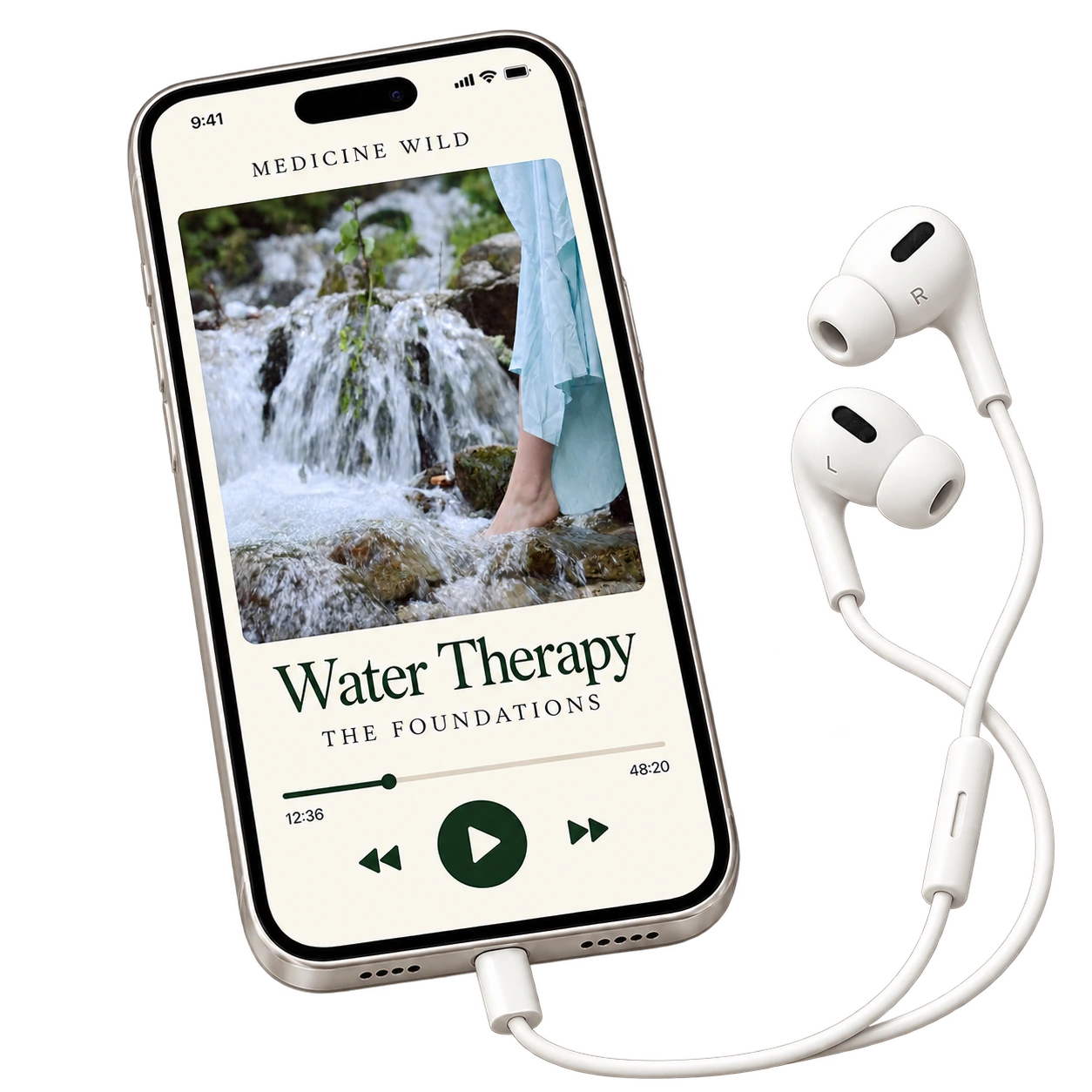Water Therapy from The Foundations on a Medicine Wild phone, beside white earphones