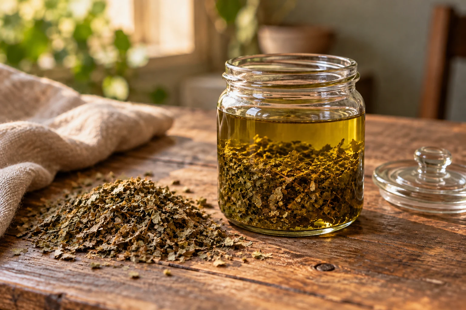 A glass jar of gotu kola and olive oil beside dried leaves