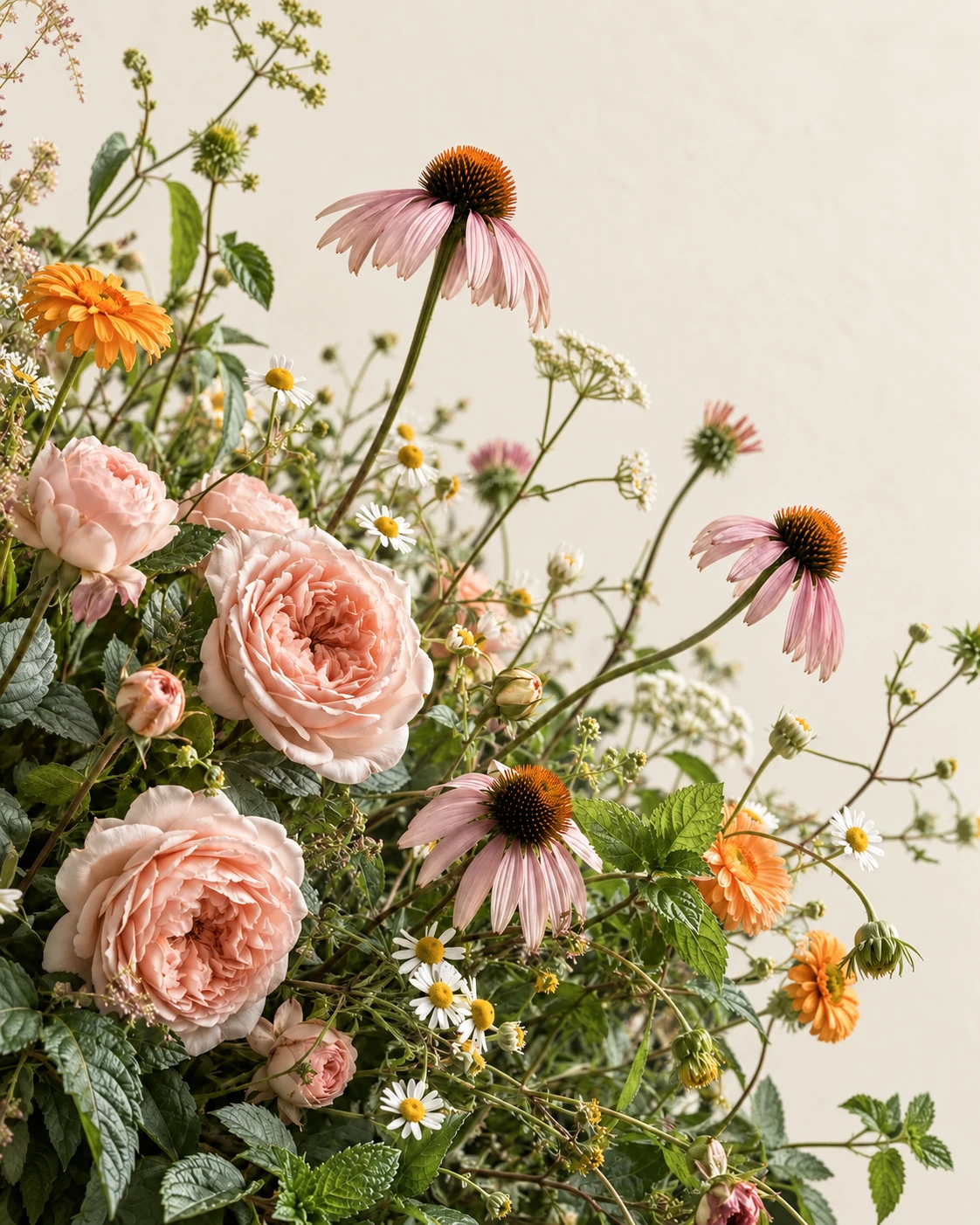Blush roses, chamomile, and fresh botanicals in soft daylight against warm ivory