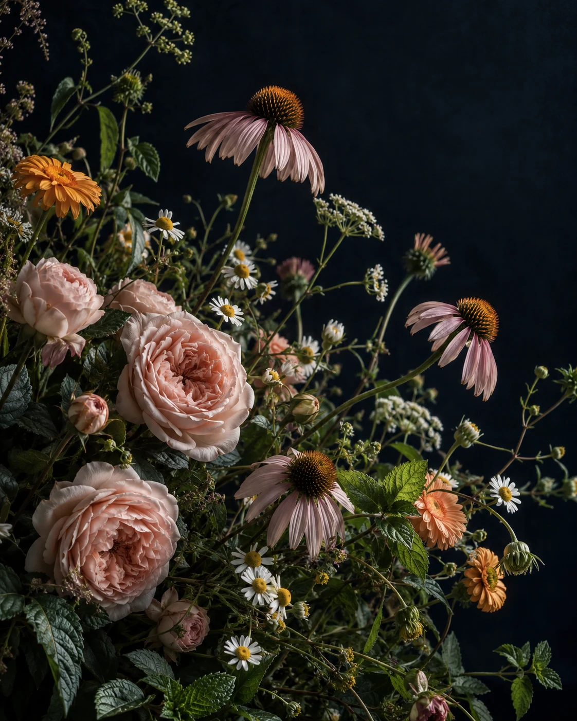 Blush roses, chamomile, and fresh botanicals against a midnight-blue background