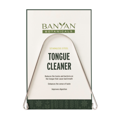 Banyan Botanicals stainless steel tongue cleaner in its packaging