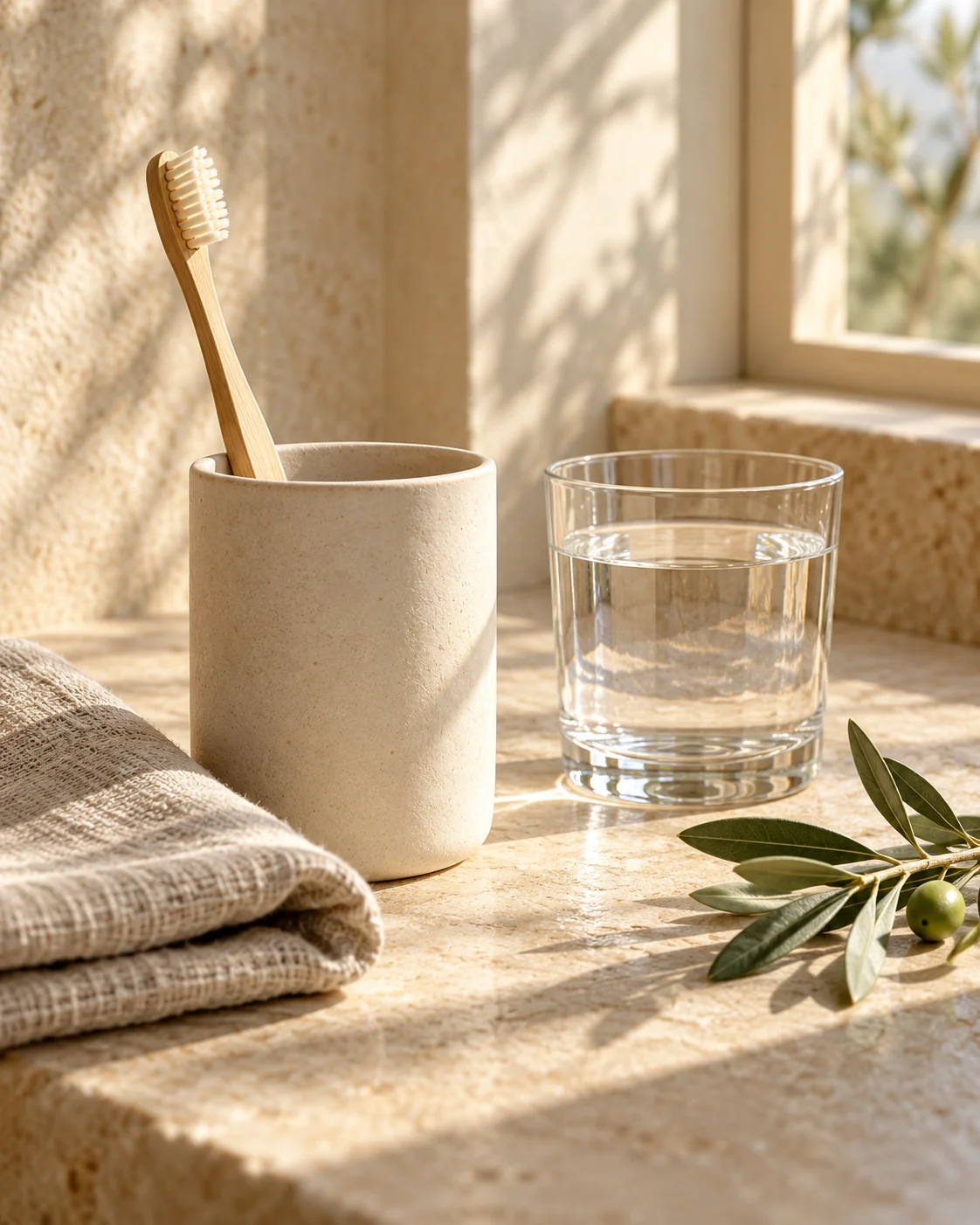 A soft toothbrush, water, and flax linen in warm window light
