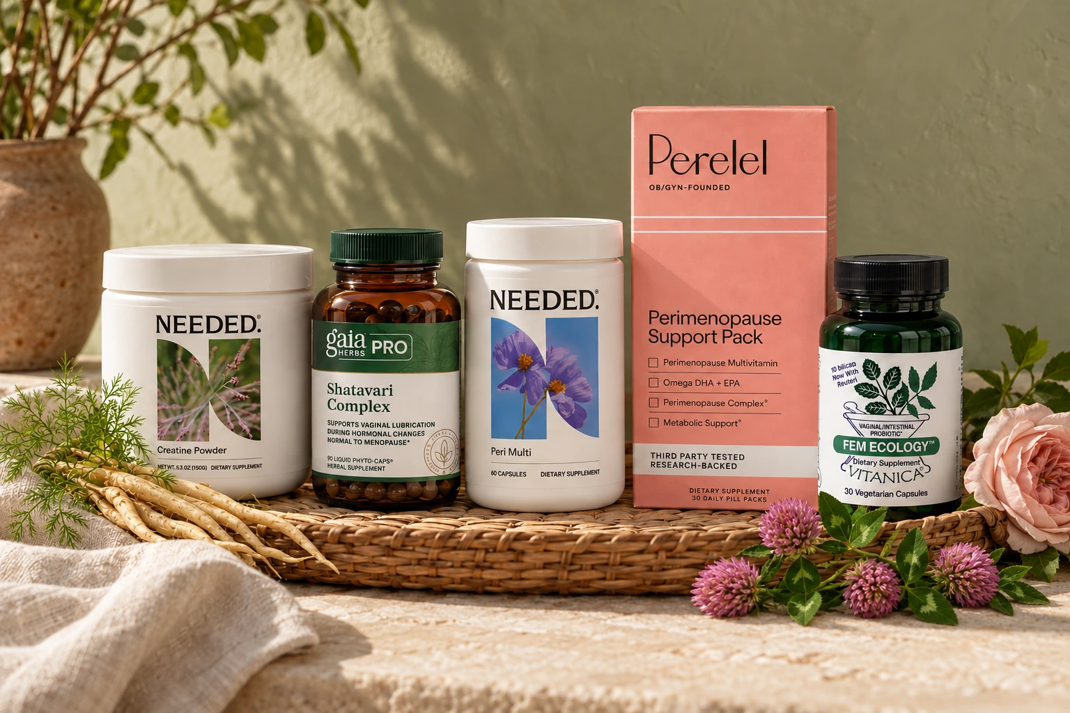 Selected products from Dr. Michele Burklund’s The Perimenopause Edit, arranged with linen and fresh botanicals