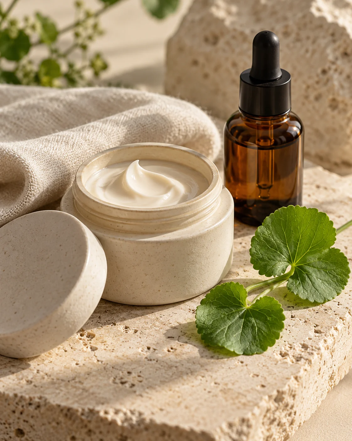 Cream, an amber skincare bottle, and green leaves on warm limestone